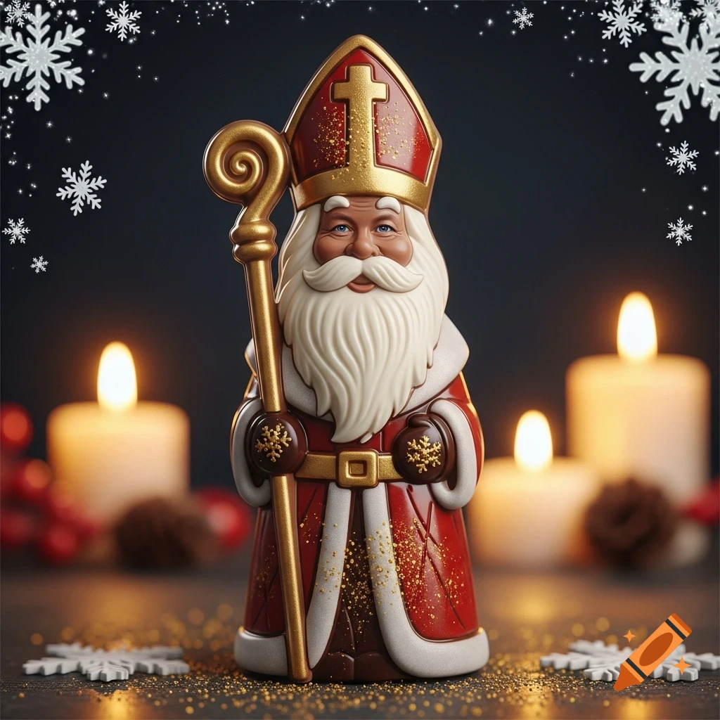 A chocolate St. Nicholas figurine in red and gold robes, holding a staff, with lit candles and snowflakes in the background.