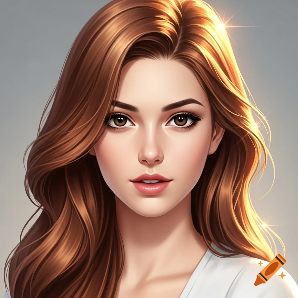 Stylized digital art portrait of a young woman with long, wavy copper-brown hair and brown eyes.