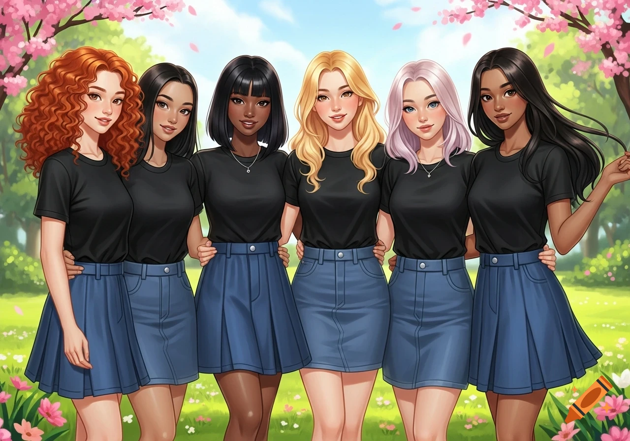 Six smiling young women in black t-shirts and blue skirts, with diverse hair, posing in a sunny park with pink cherry blossoms, anime style.