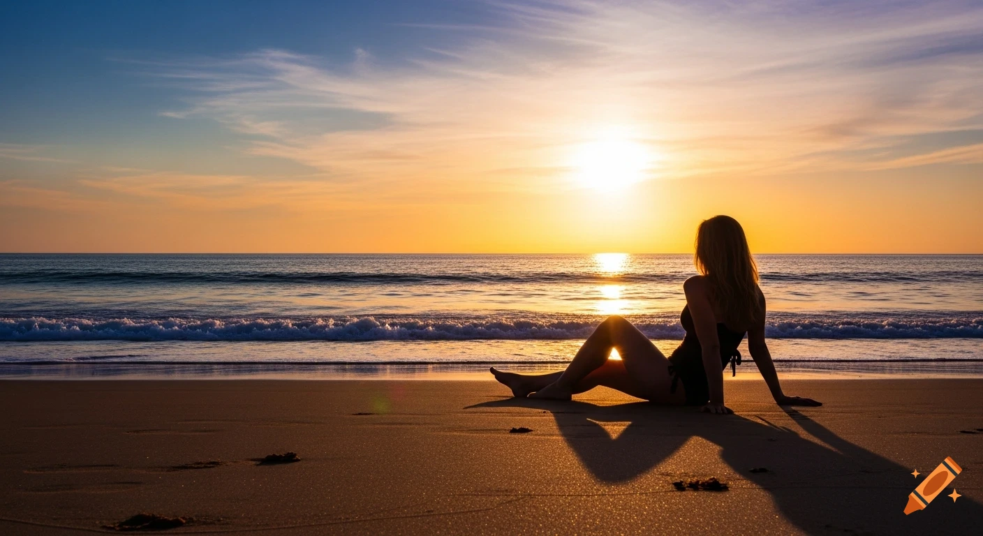 A woman in silhouette sits on a sunny beach looking at the ocean during sunset with waves gently crashing.