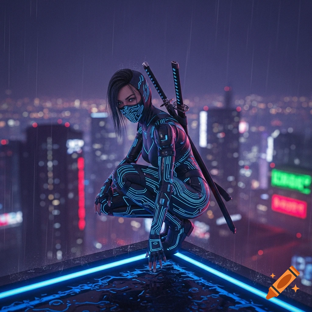 A female cyber ninja crouches on a rainy rooftop overlooking a neon-lit futuristic city.