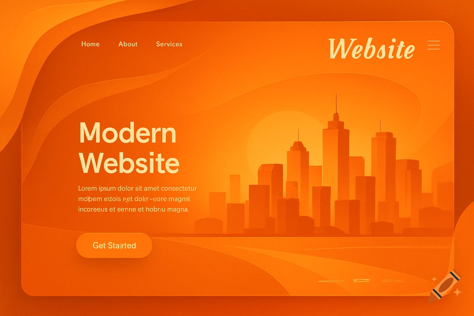 A vibrant orange website interface with a cityscape silhouette background. It features navigation, a 'Modern Website' title, placeholder text, and a 'Get Started' button.