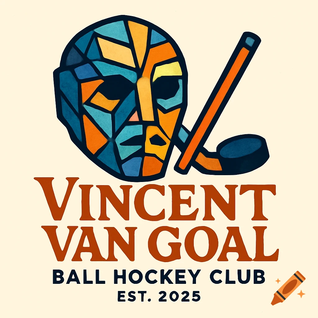 A cubist-style logo features a hockey mask, stick, and puck, with the text "VINCENT VAN GOAL BALL HOCKEY CLUB EST. 2025".