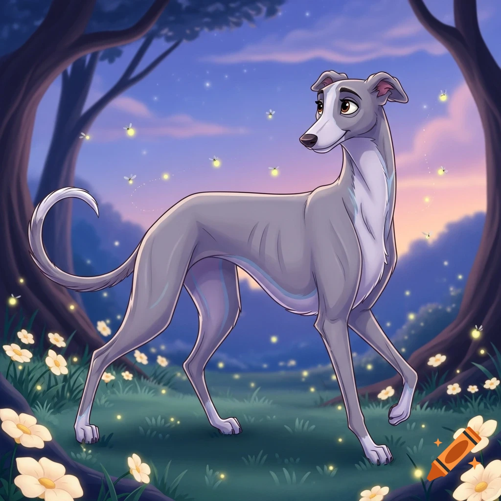 A Disney-style greyhound dog in a magical forest at night, surrounded by fireflies and white flowers.