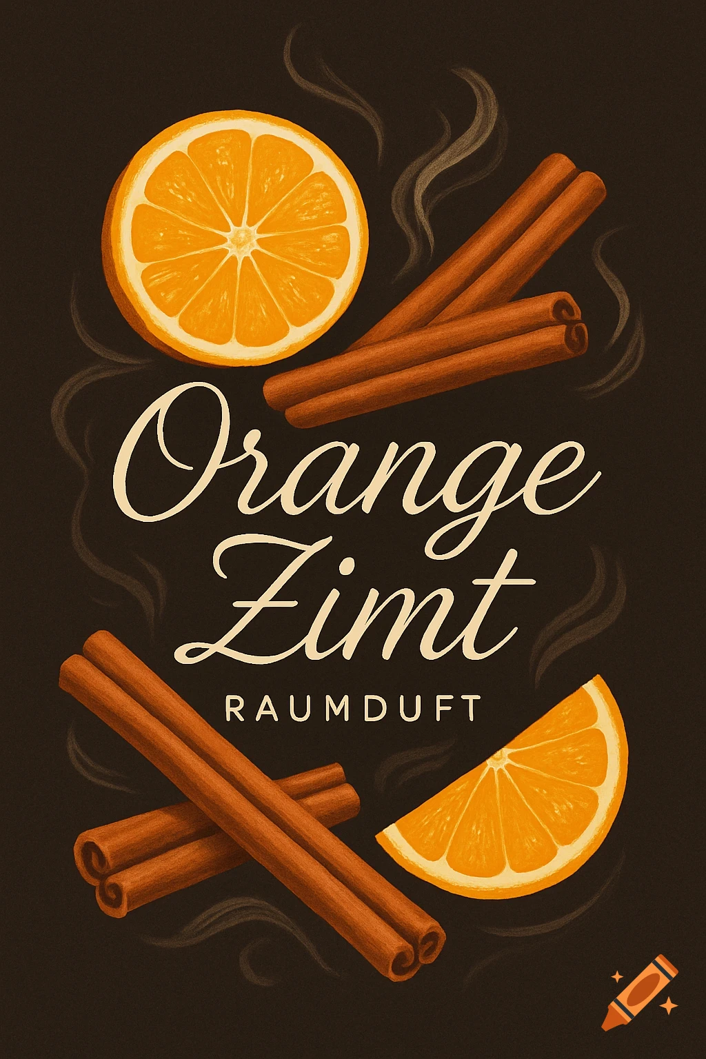 Illustration of orange slices and cinnamon sticks with 'Orange Zimt Raumduft' text on a dark, textured background.