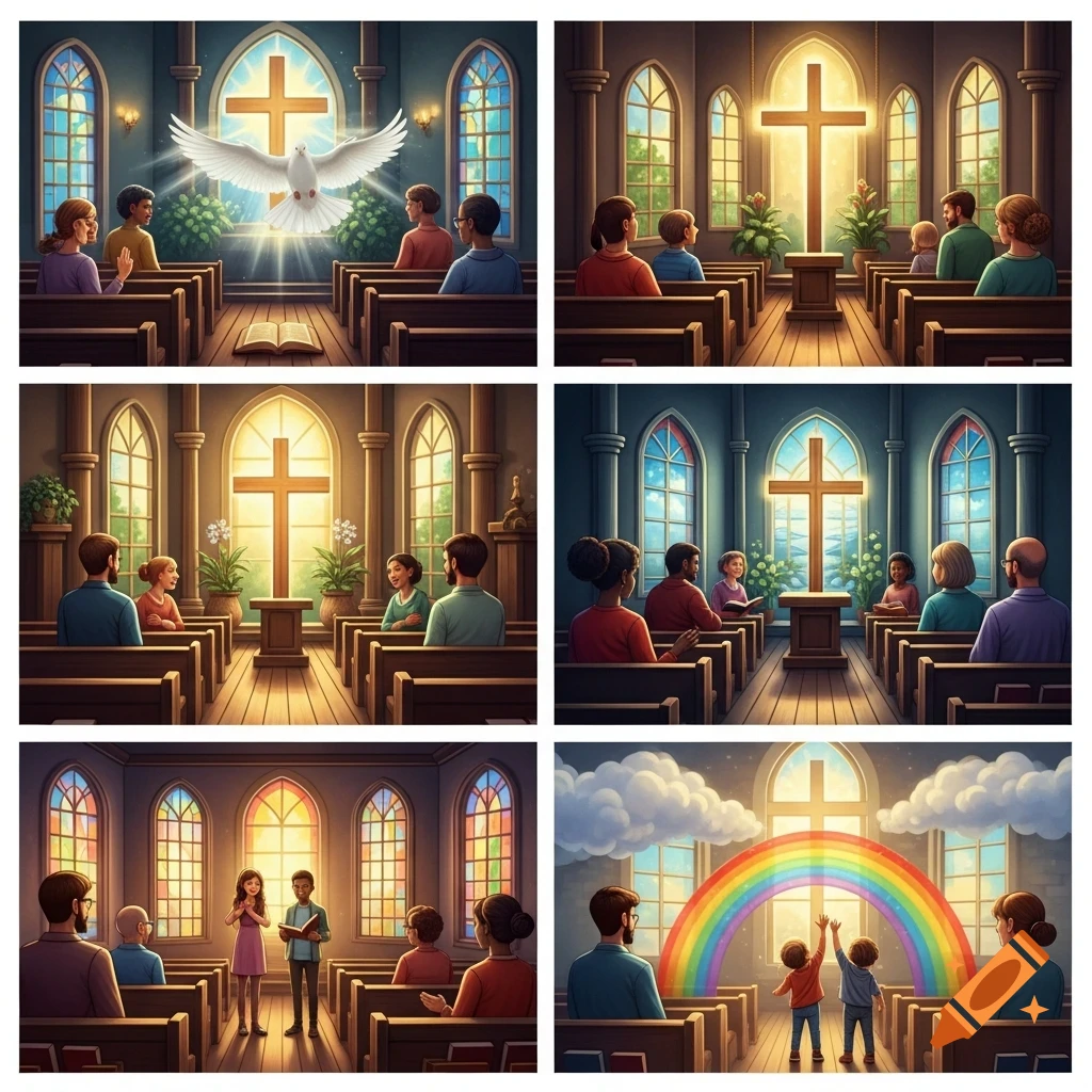 Six cartoon panels show people in a church, featuring scenes like a dove, a rainbow, a cross, and children raising hands.