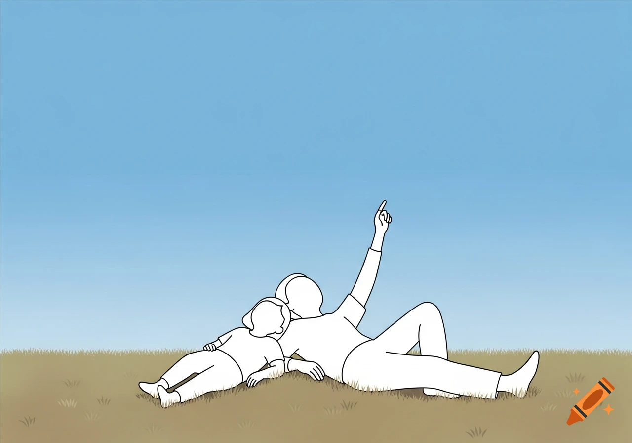 Two minimalist outline figures lie on a grassy hill, looking up at the clear blue sky, with one figure pointing upward.