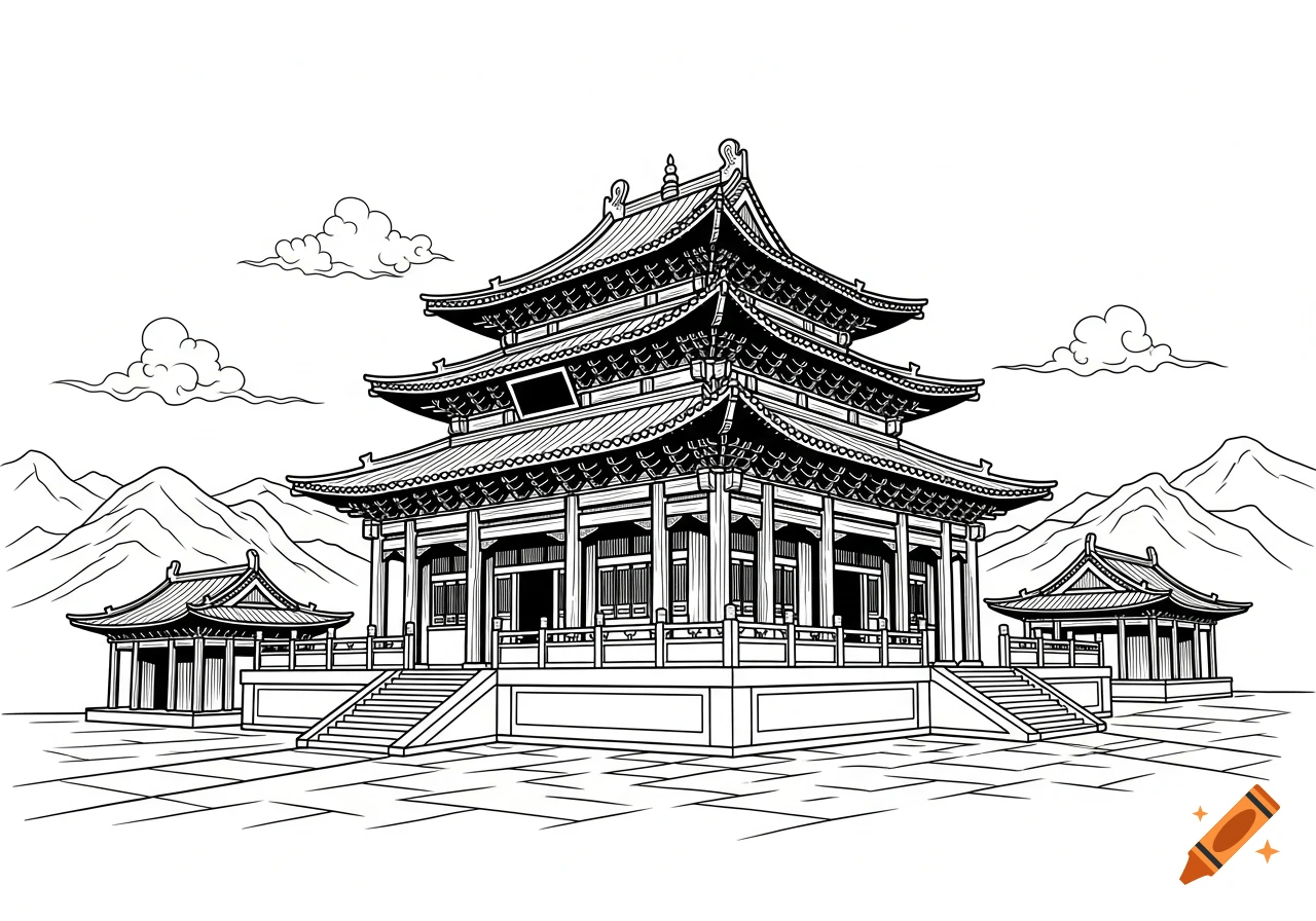 Black and white vector illustration of a multi-tiered traditional Asian temple with smaller buildings, mountains, and clouds.