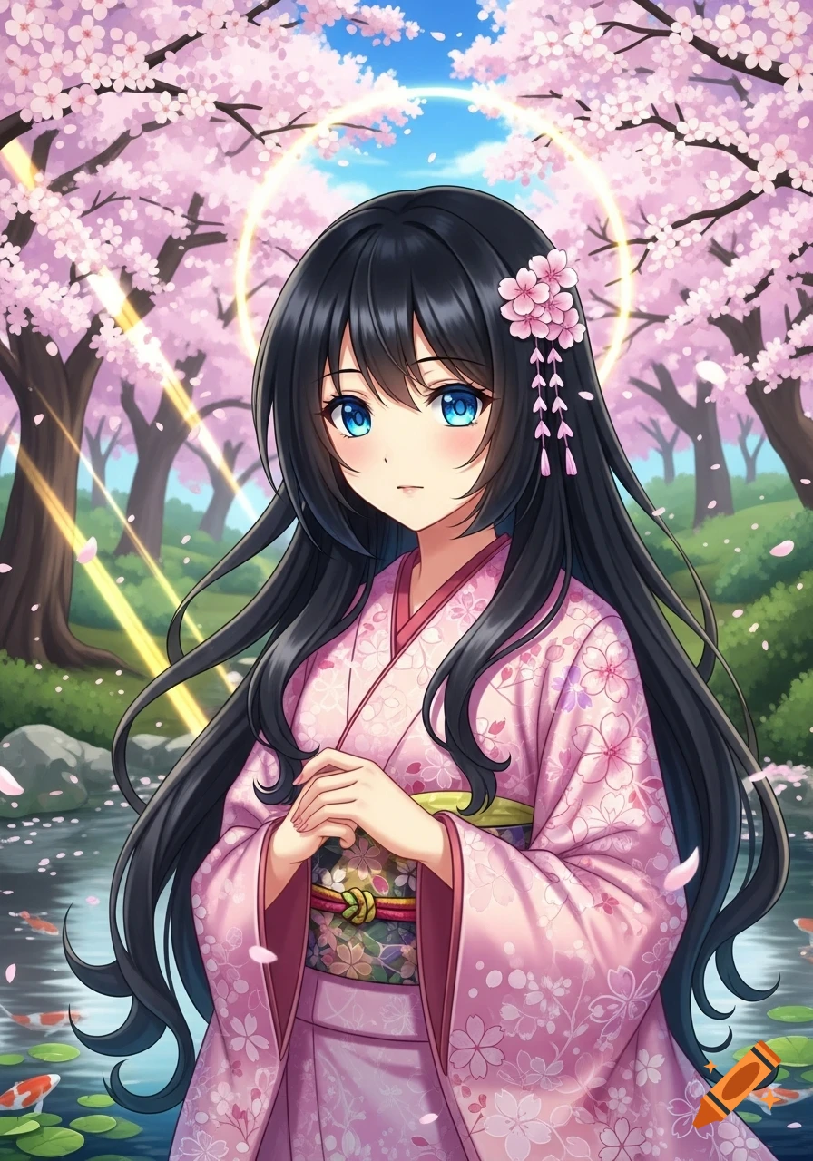 Anime girl in a pink kimono with cherry blossoms in her hair, standing by a pond with koi fish under blooming cherry trees.