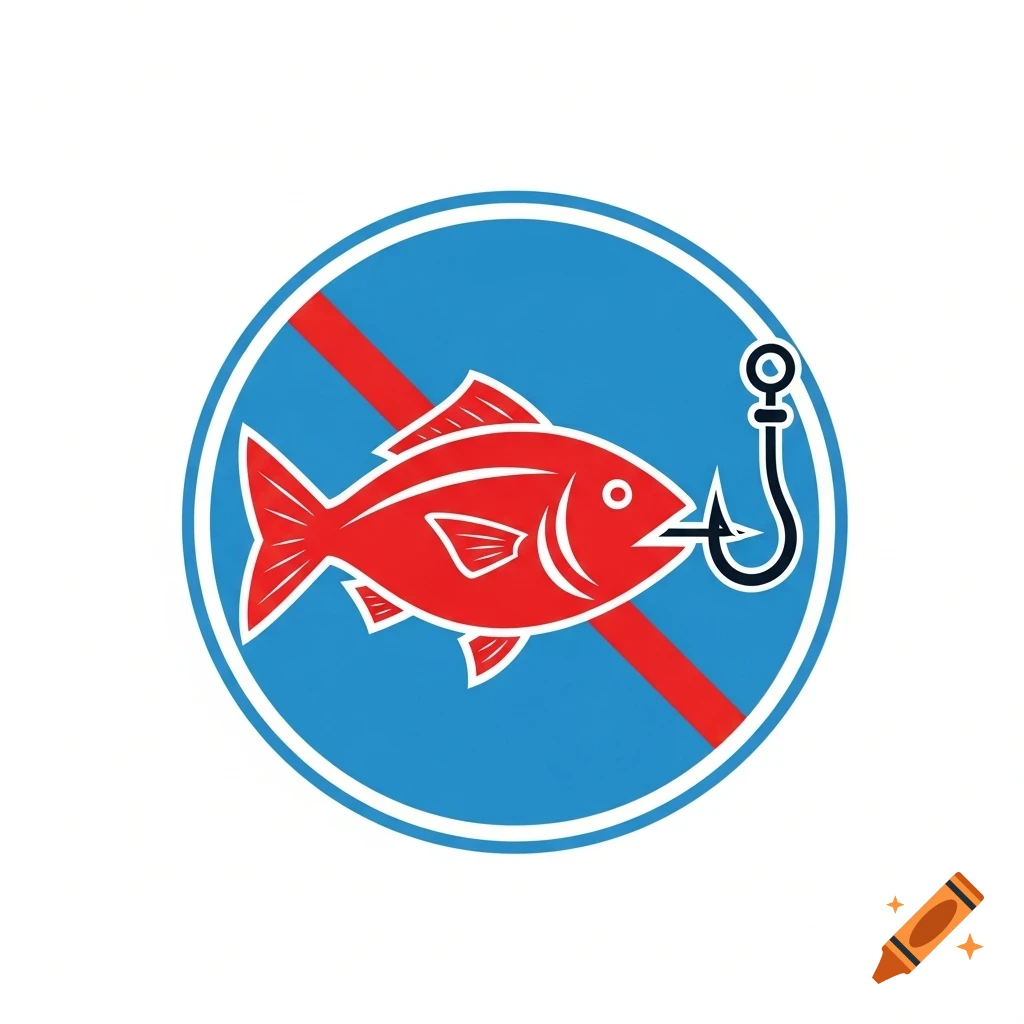 A graphic no fishing sign with a red fish on a hook in a blue circle crossed by a red line.