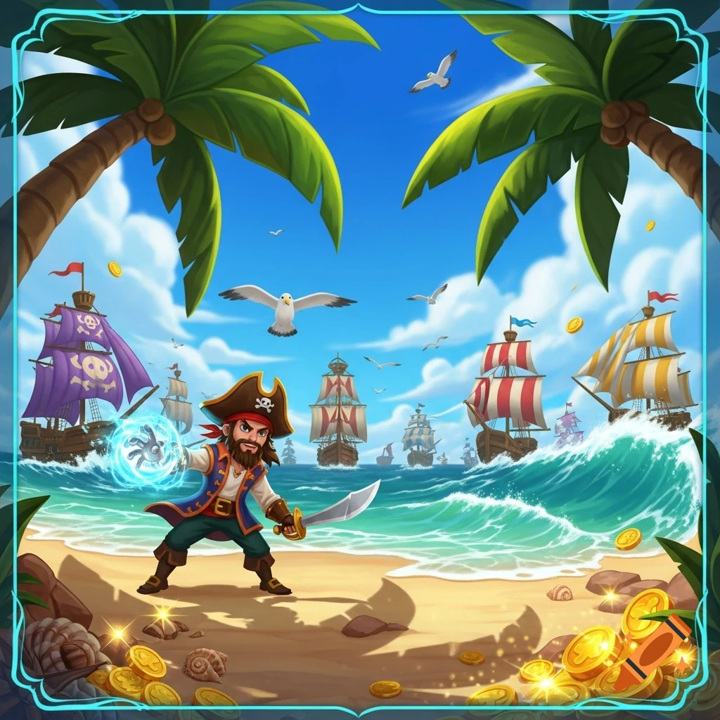 A cartoon pirate with a sword and glowing blue energy stands on a sandy beach, with palm trees, golden coins, and a fleet of pirate ships on turquoise waves under a blue sky.