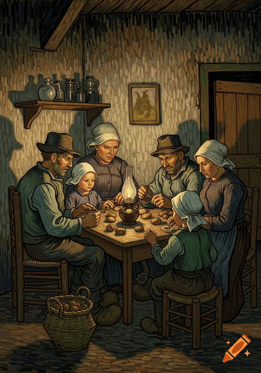 A family of peasants sits around a table peeling potatoes by lamplight, rendered in Van Gogh's expressive painting style.