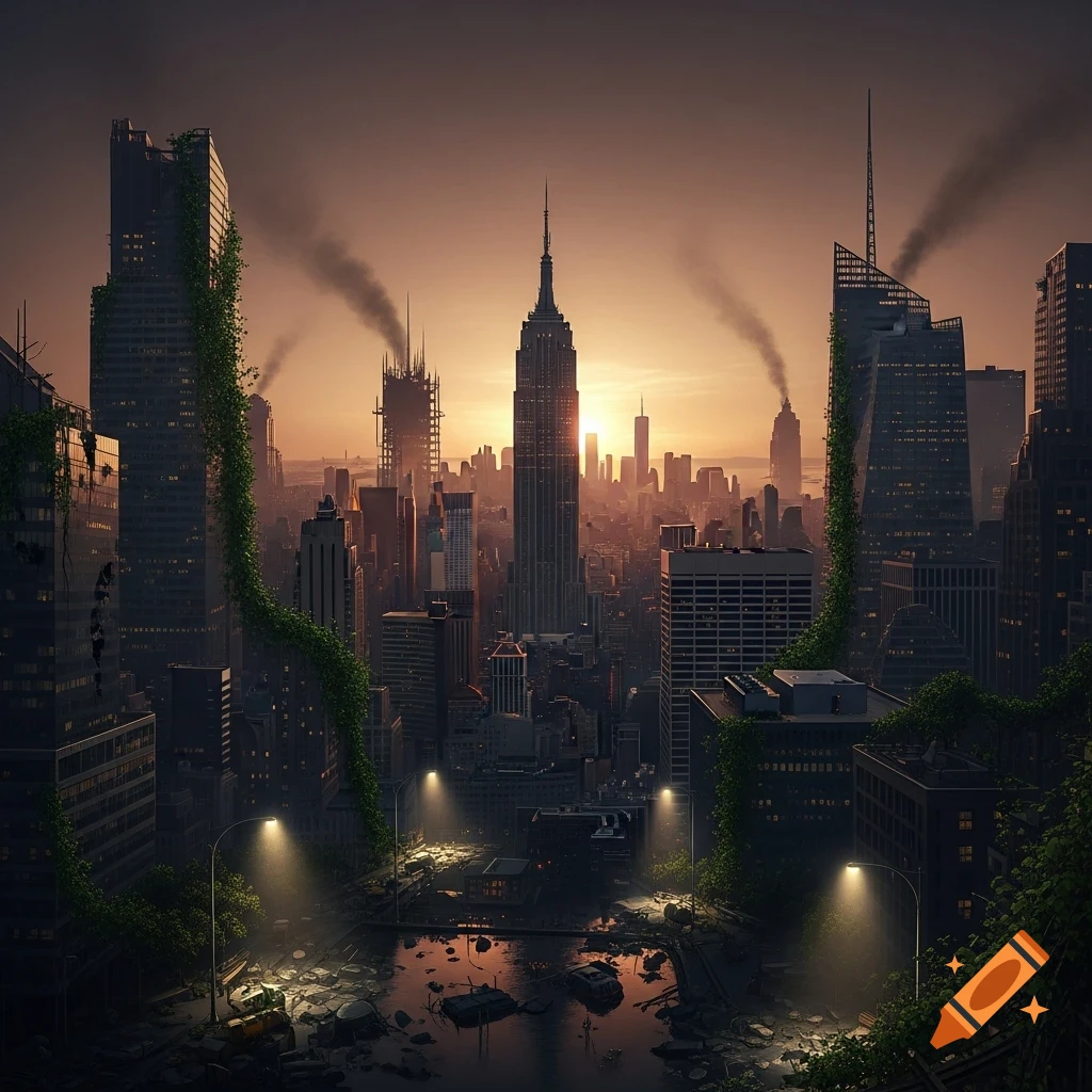 Photorealistic, post-apocalyptic New York City skyline at sunset, showing vine-covered skyscrapers, smoking ruins, and flooded streets.