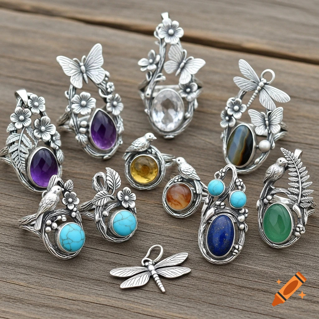 Collection of intricate sterling silver rings and a pendant with gemstones and nature designs on wood.