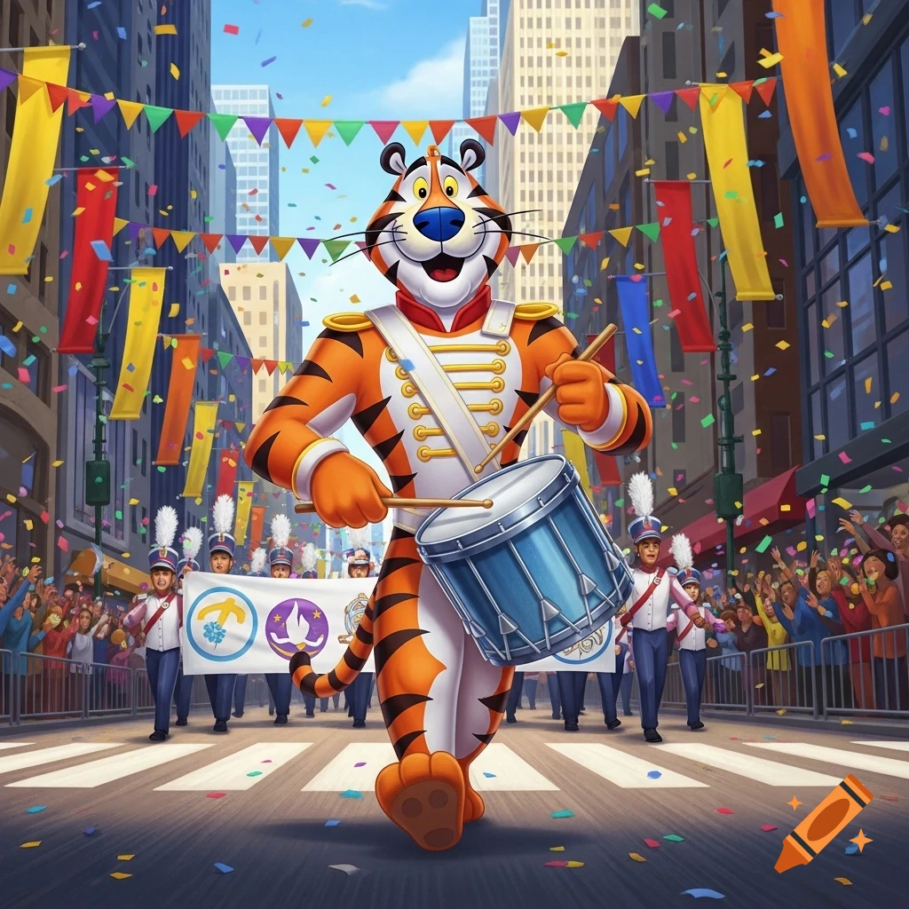Tony the Tiger, dressed in a white and gold marching band uniform, plays a snare drum during a colorful city parade with confetti and banners.