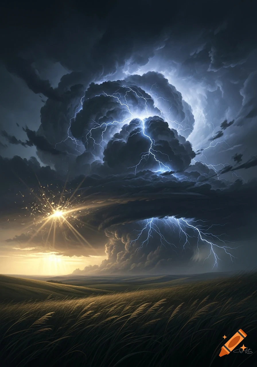 A dramatic supercell thunderstorm over a field at sunset, with powerful ...