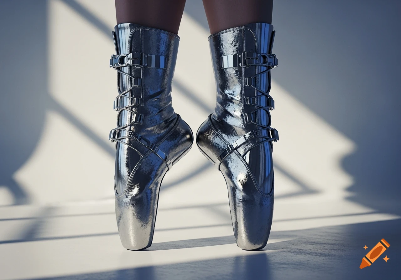 A pair of silver metallic ballet boots with laces and buckles stands en pointe against a white background.