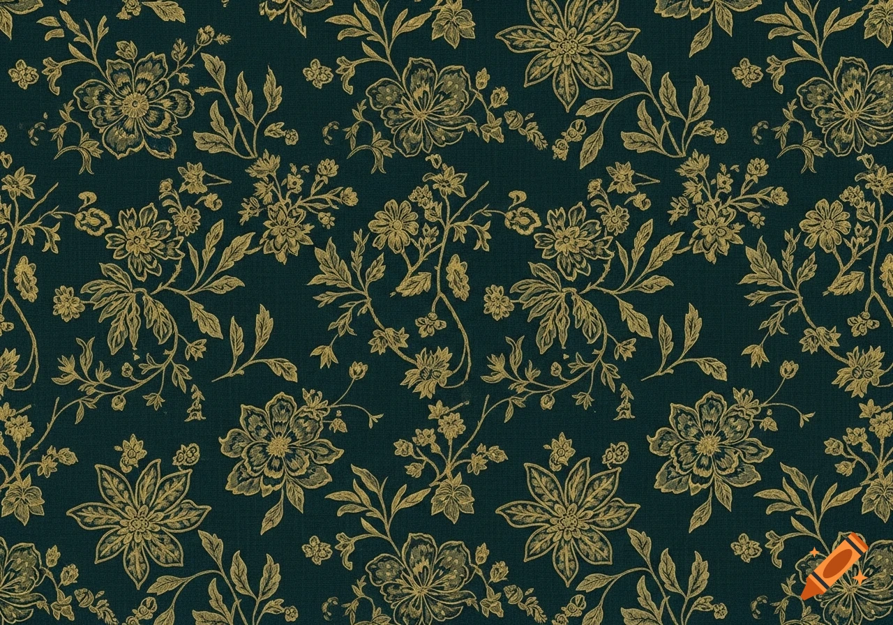Ornate gold floral and botanical pattern on a deep teal background, in a hand-painted style.