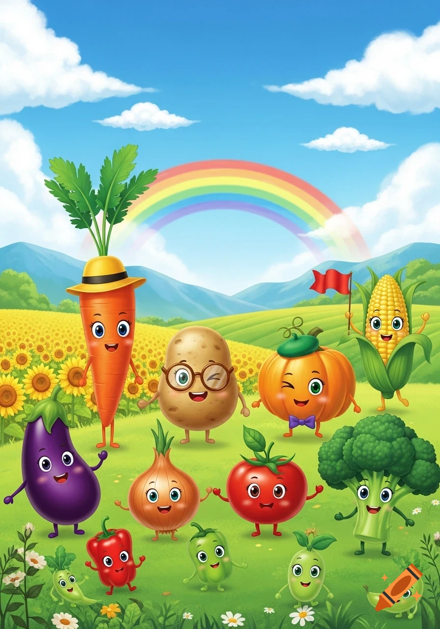 Happy cartoon vegetables like carrot, potato, pumpkin, and broccoli stand in a sunny field with sunflowers and a rainbow.