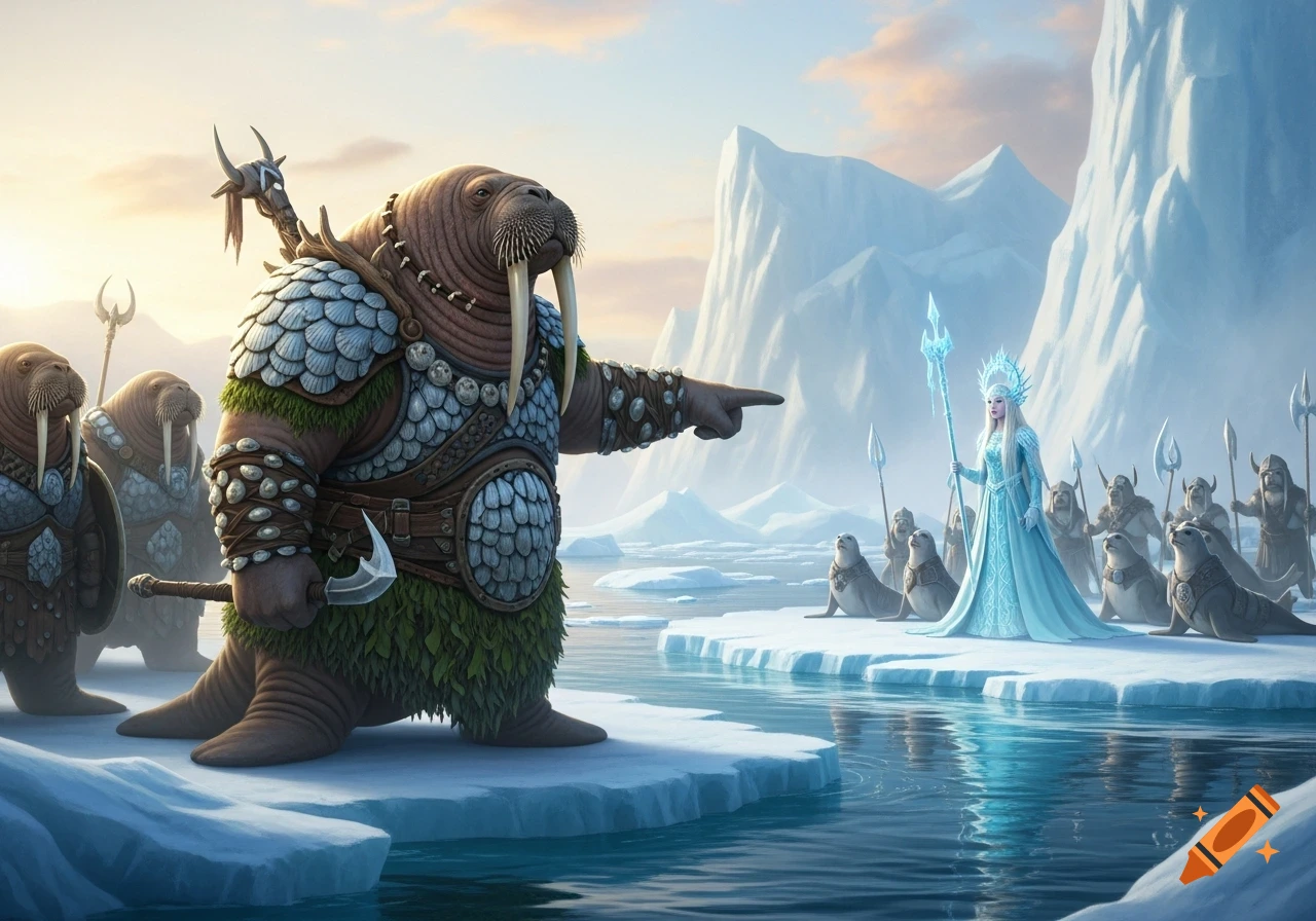 An armored walrus warrior points towards an ice princess and her seal warriors on ice floes in a fantasy arctic landscape.