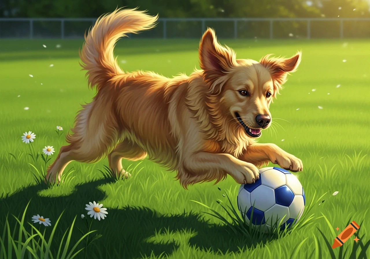 An illustrated Golden Retriever dog leaps, playing with a soccer ball ...