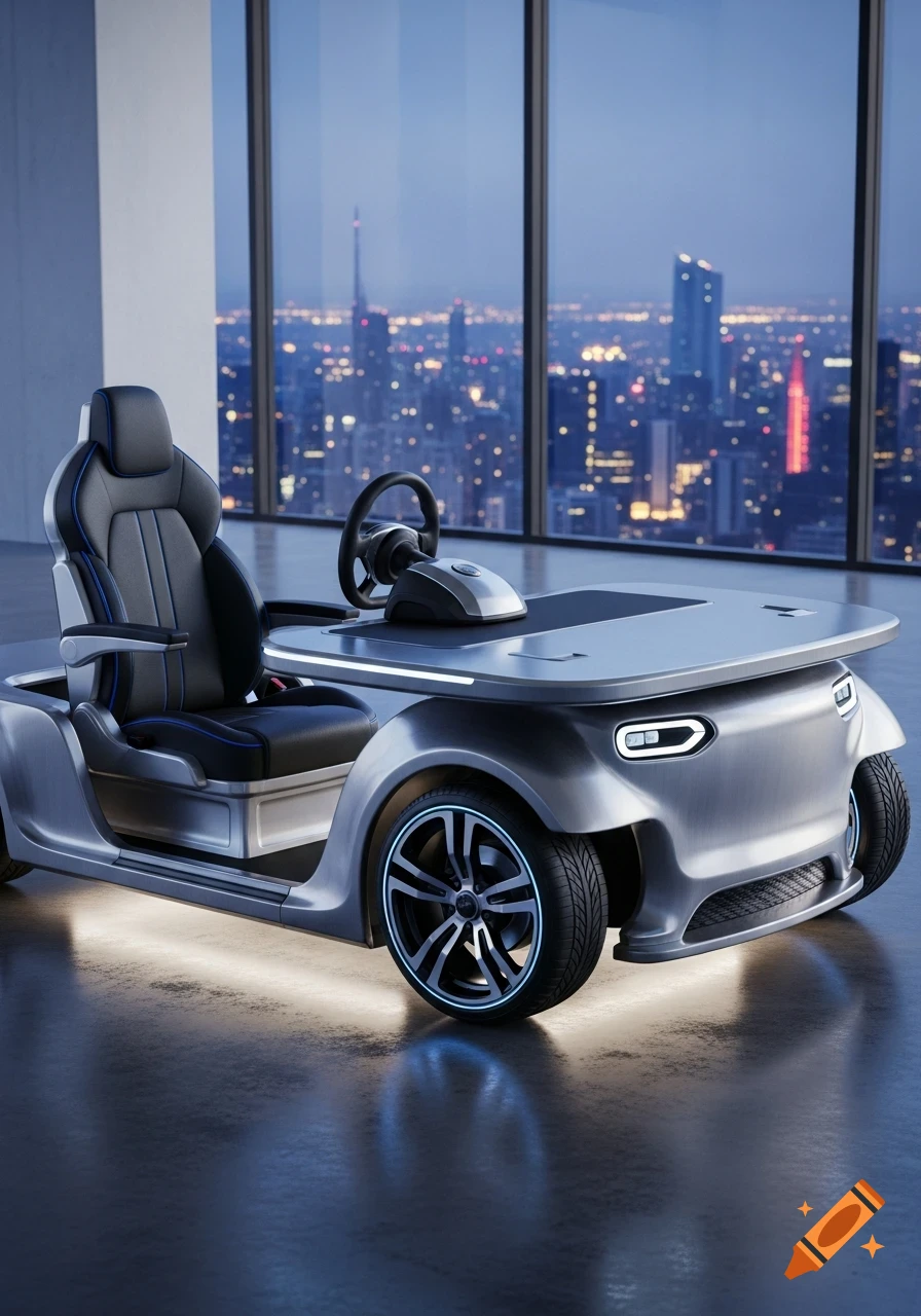 Futuristic silver desk-car with ergonomic seat and steering wheel, glowing underlights, in a high-rise office overlooking a city at night.