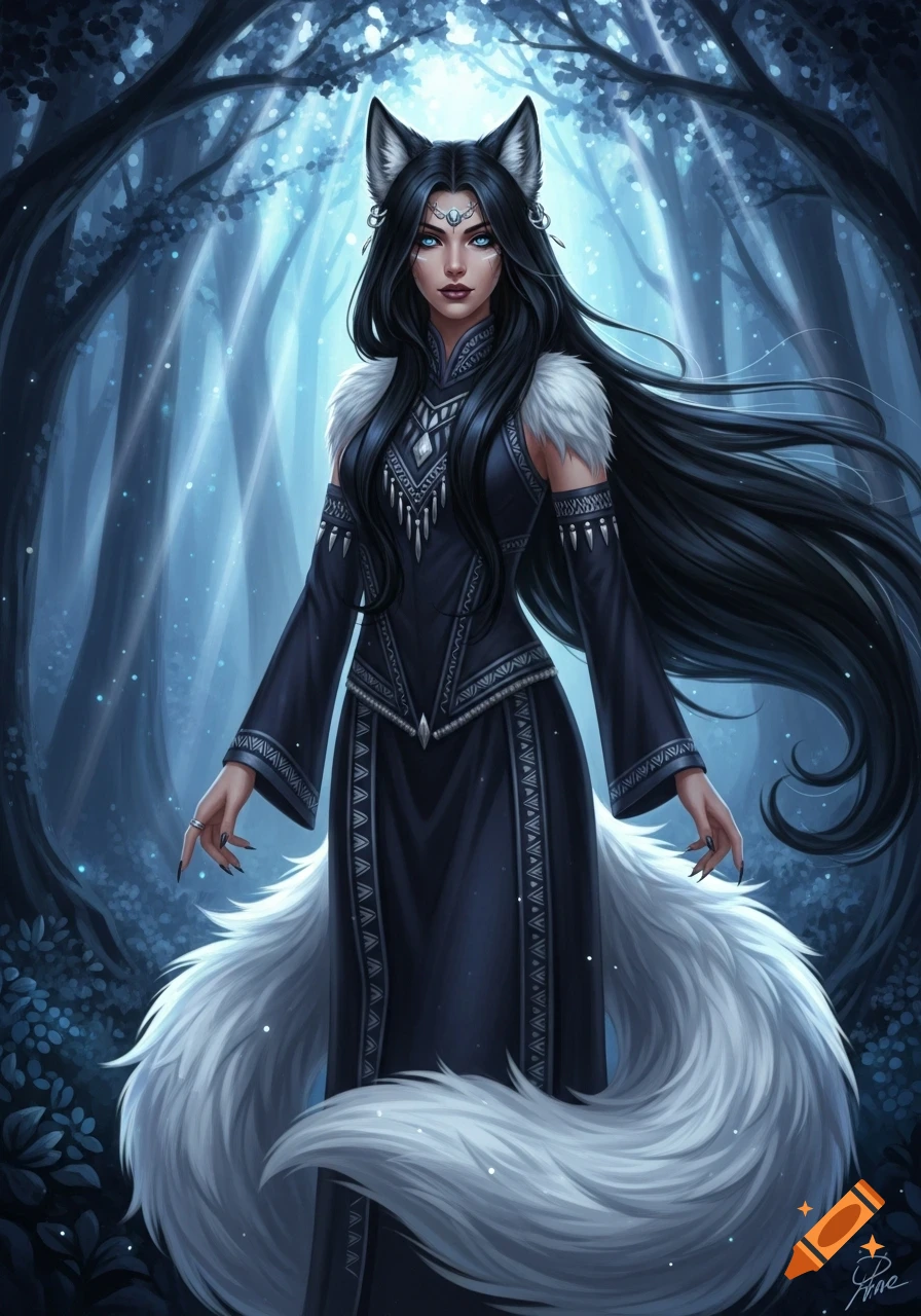 A dark-haired woman with wolf ears and a white wolf tail in an ornate dark dress stands in a magical blue-lit forest.