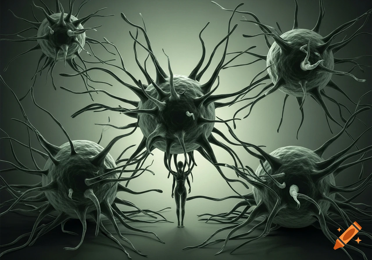 A stylized human figure surrounded by large, spiky, dark grey macrophage-like organisms in a deep green and grey palette.