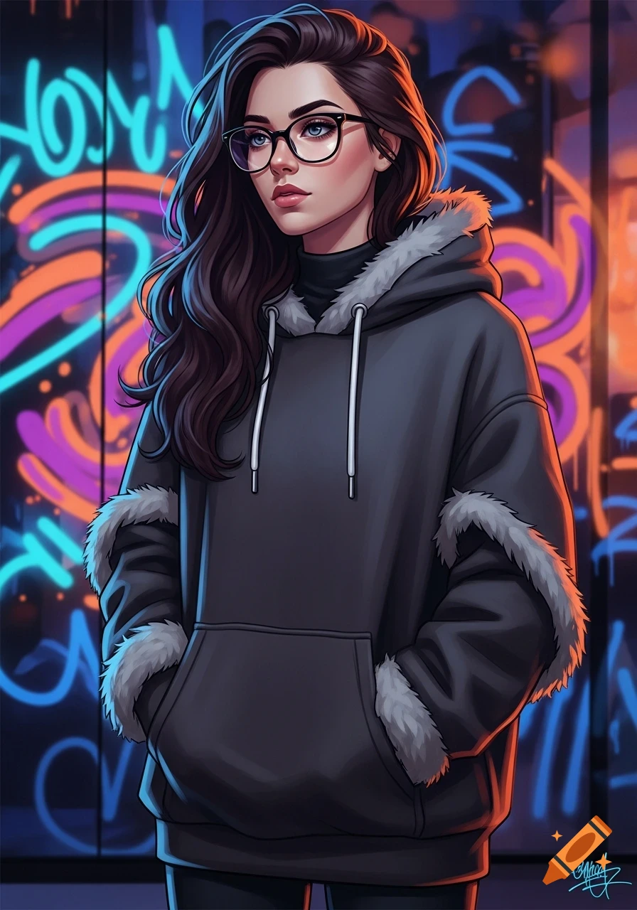 Anime-style brunette in glasses and a furry hoodie stands against a vibrant neon graffiti wall.