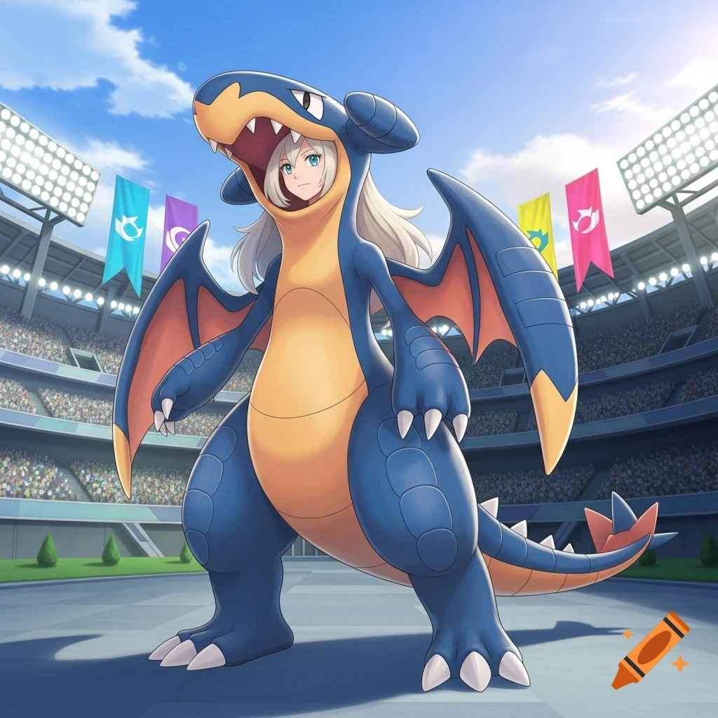 Anime character Cynthia wearing a blue Garchomp Pokemon costume, standing in a stadium.