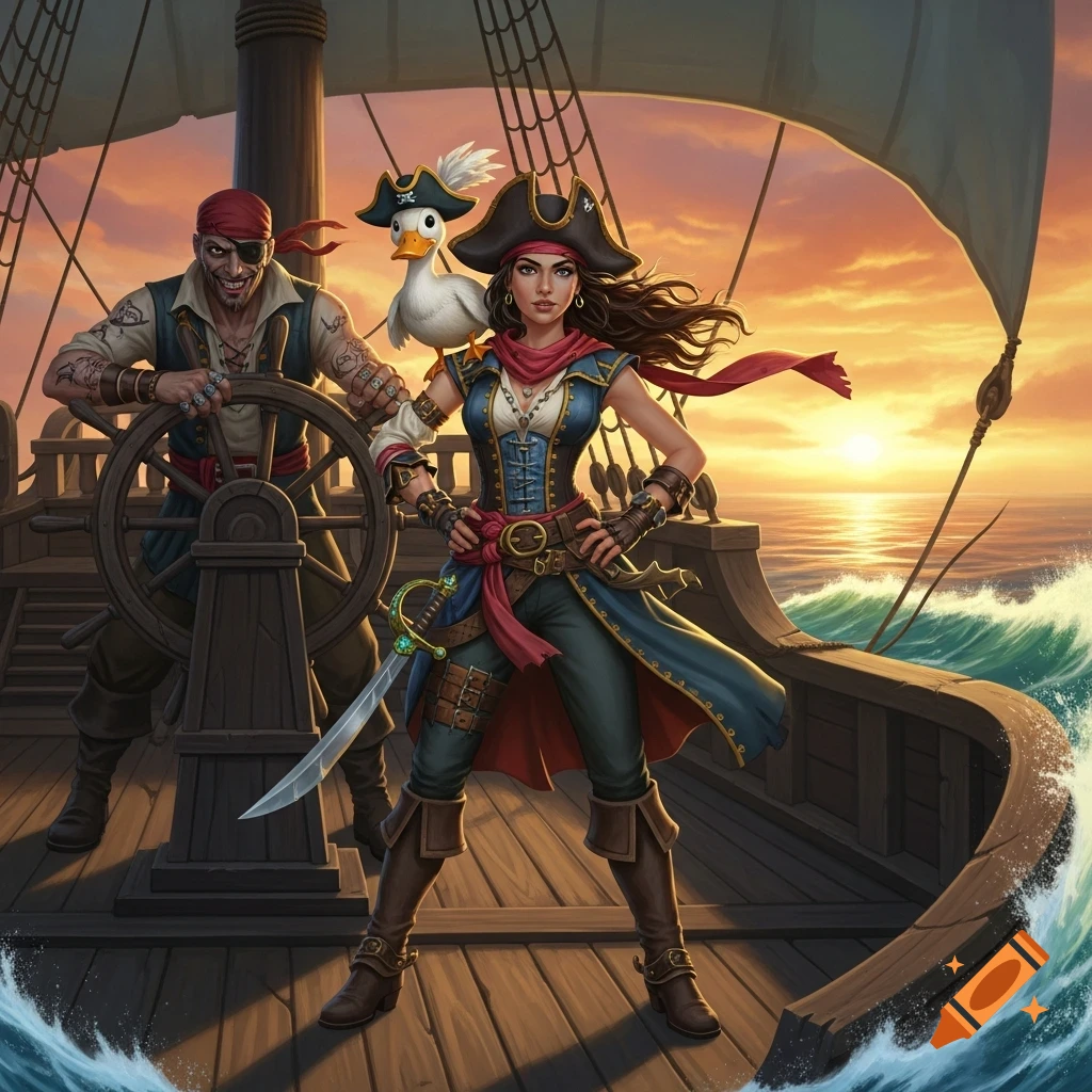 A female pirate and a grinning male pirate stand on a ship deck at sunset, with a duck in a pirate hat on the female's shoulder.