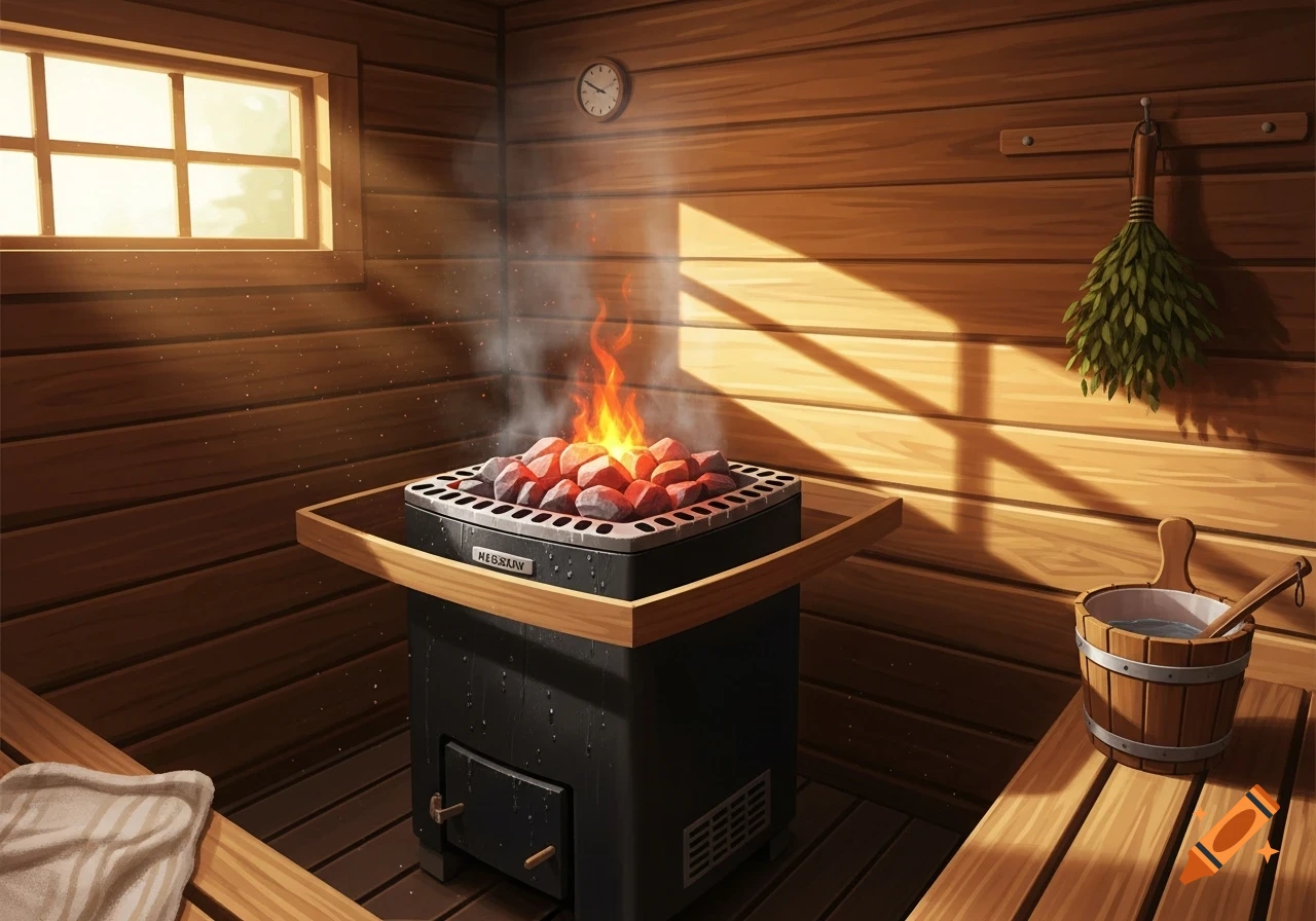 An illustrative image of a warm, steamy sauna interior featuring a hot wood-burning stove with glowing rocks, wooden walls, a window, and a bucket.