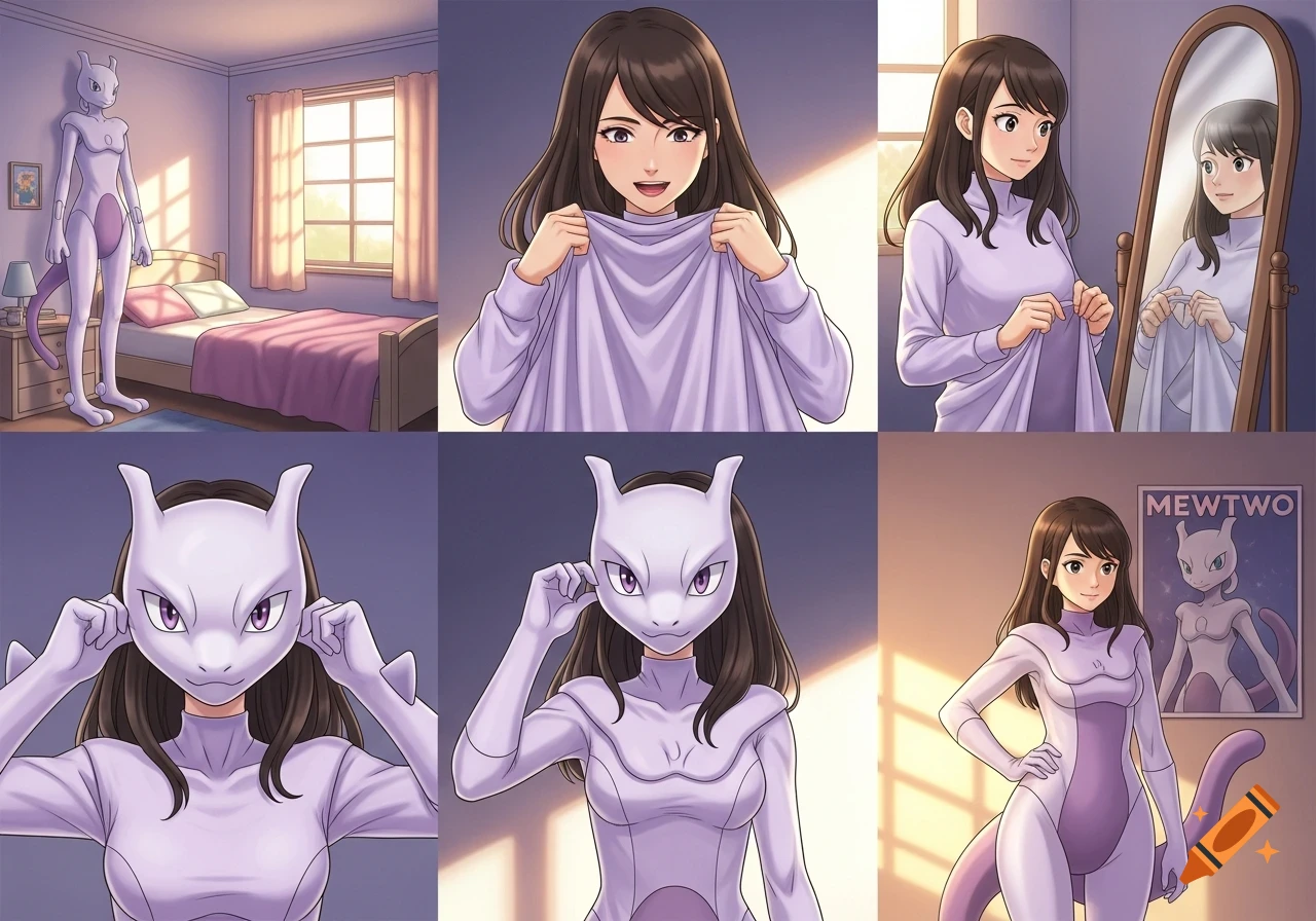 A 6-panel anime comic shows a girl putting on a purple Mewtwo costume and mask in her bedroom.