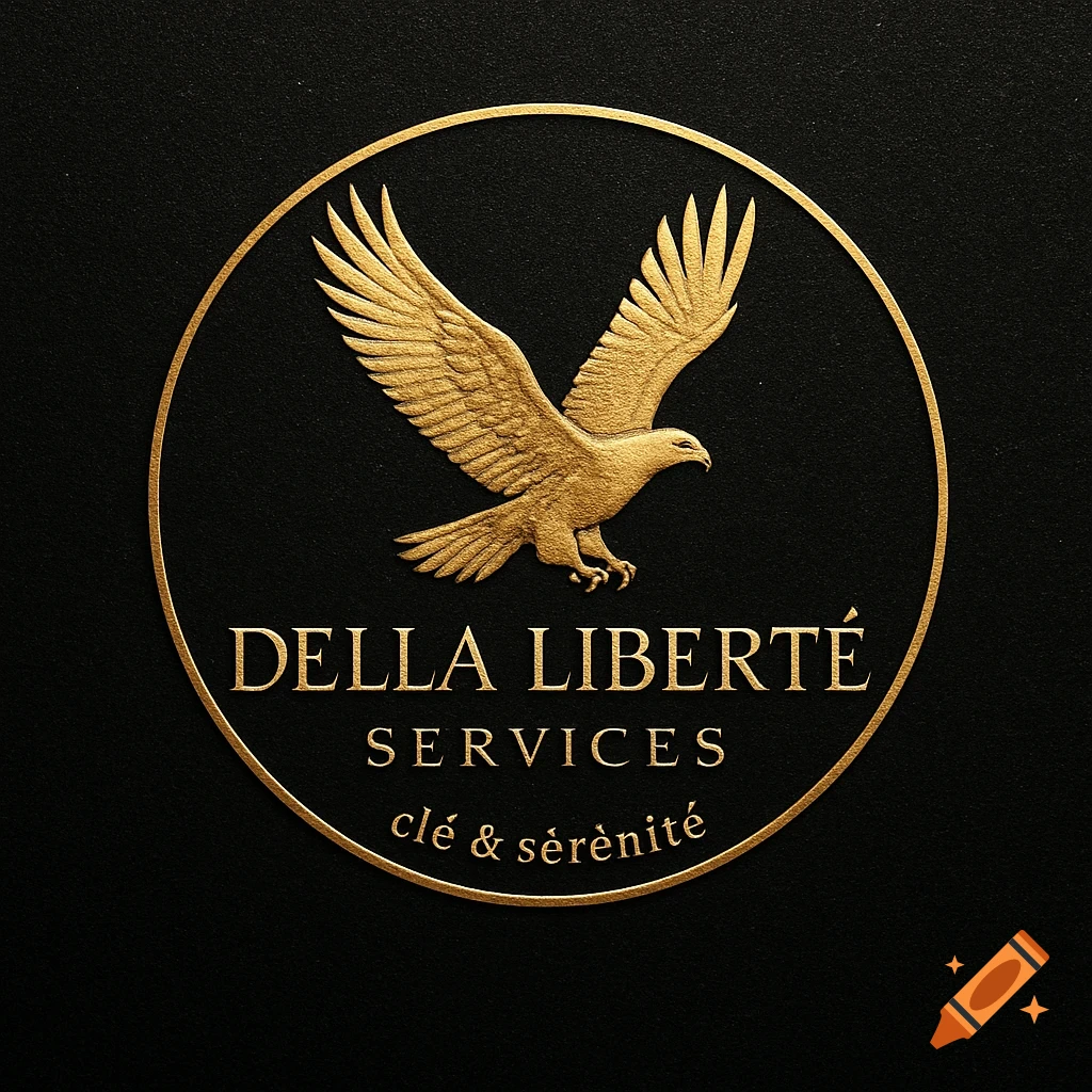 Golden eagle logo on a black background with text 'DELLA LIBERTÉ SERVICES clé & sérénité' in gold embossing.