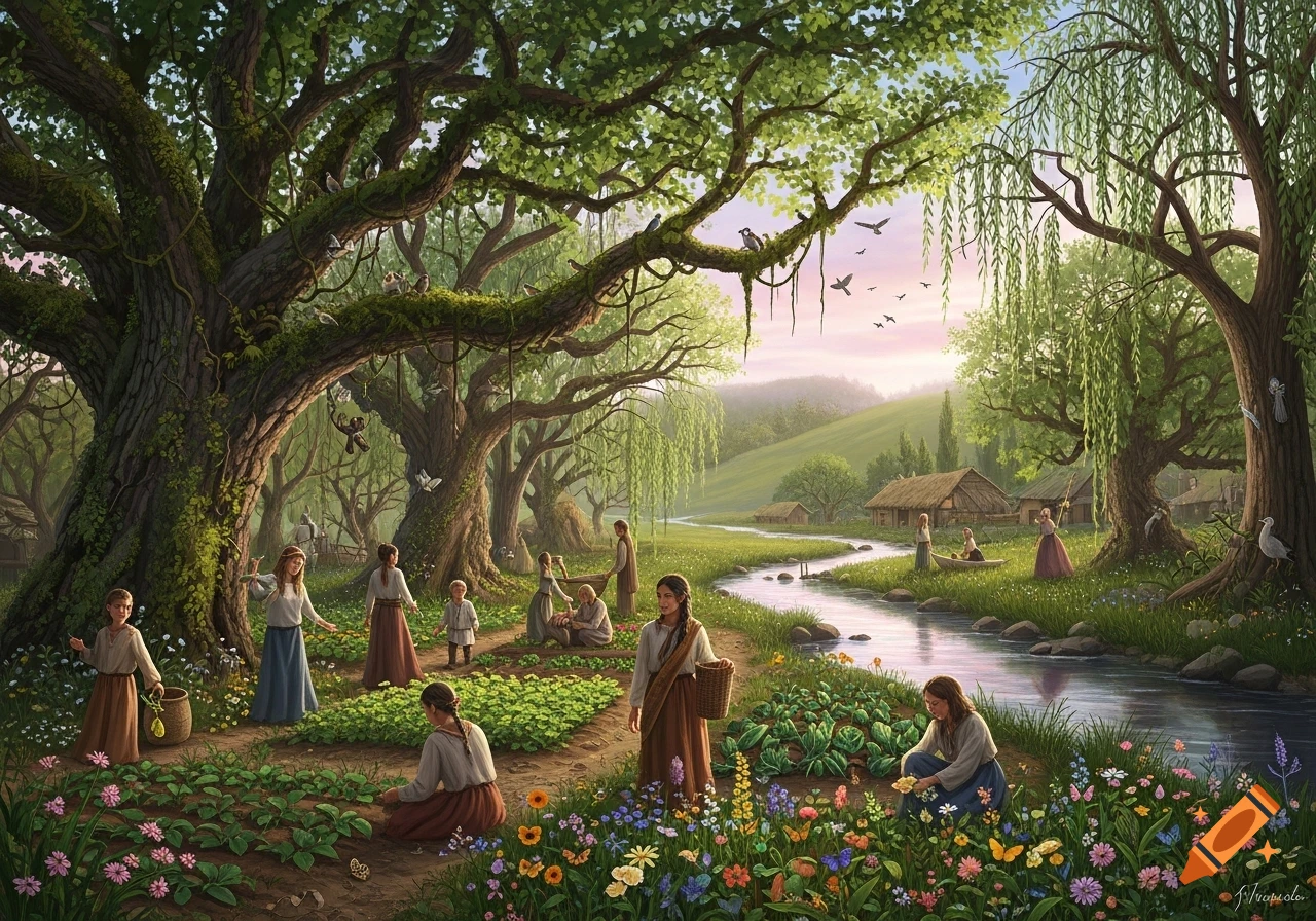 A vibrant romanticism painting shows people gardening and living by a winding stream in a lush, forested valley with distant huts.