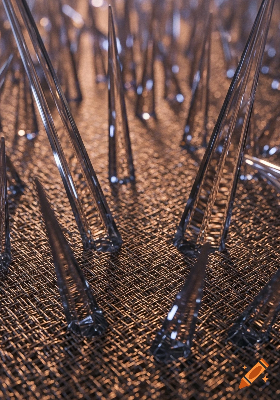 Clear, sharp spikes emerge from a textured, woven metallic surface, illuminated by warm light.
