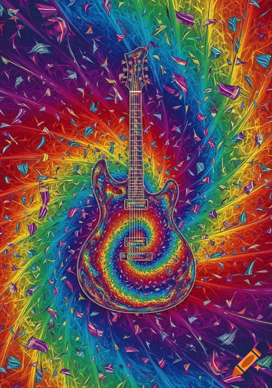 A vibrant electric guitar featuring a rainbow swirl fractal pattern, set against a swirling, multicolored background with scattered confetti-like elements.