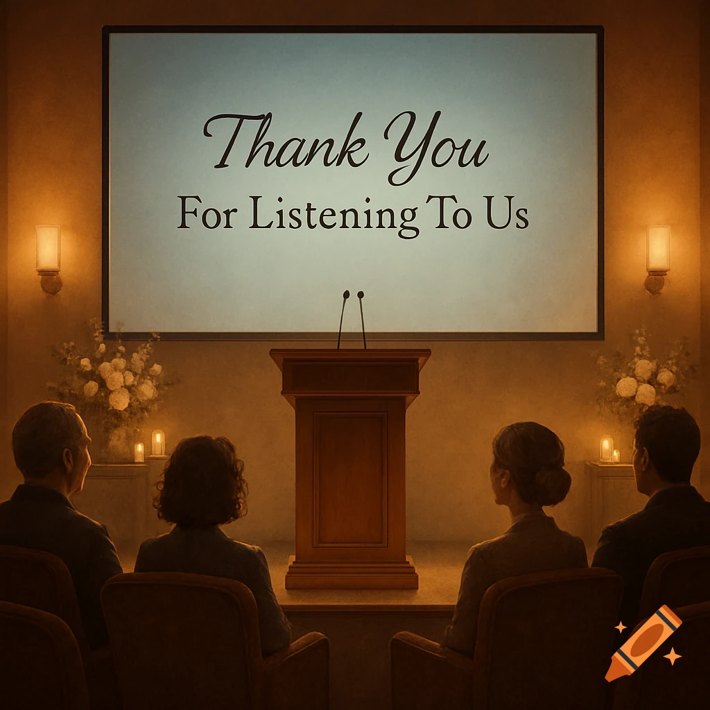 An audience views a large screen displaying 'Thank You For Listening To Us' at a presentation podium in a dimly lit room.