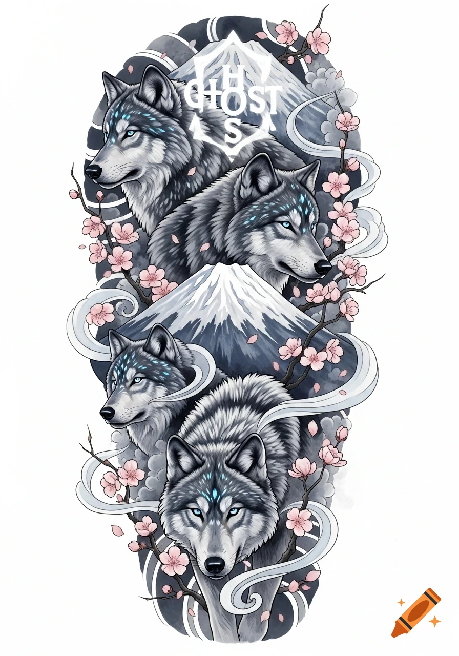 Stylized tattoo design featuring four gray wolves with blue eyes, snow-capped mountains, and pink cherry blossoms on a dark background.