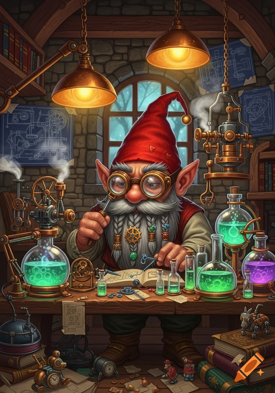 A whimsical gnome artificer in a red hat and goggles works at a wooden desk filled with glowing beakers and steampunk machinery in a cozy workshop.