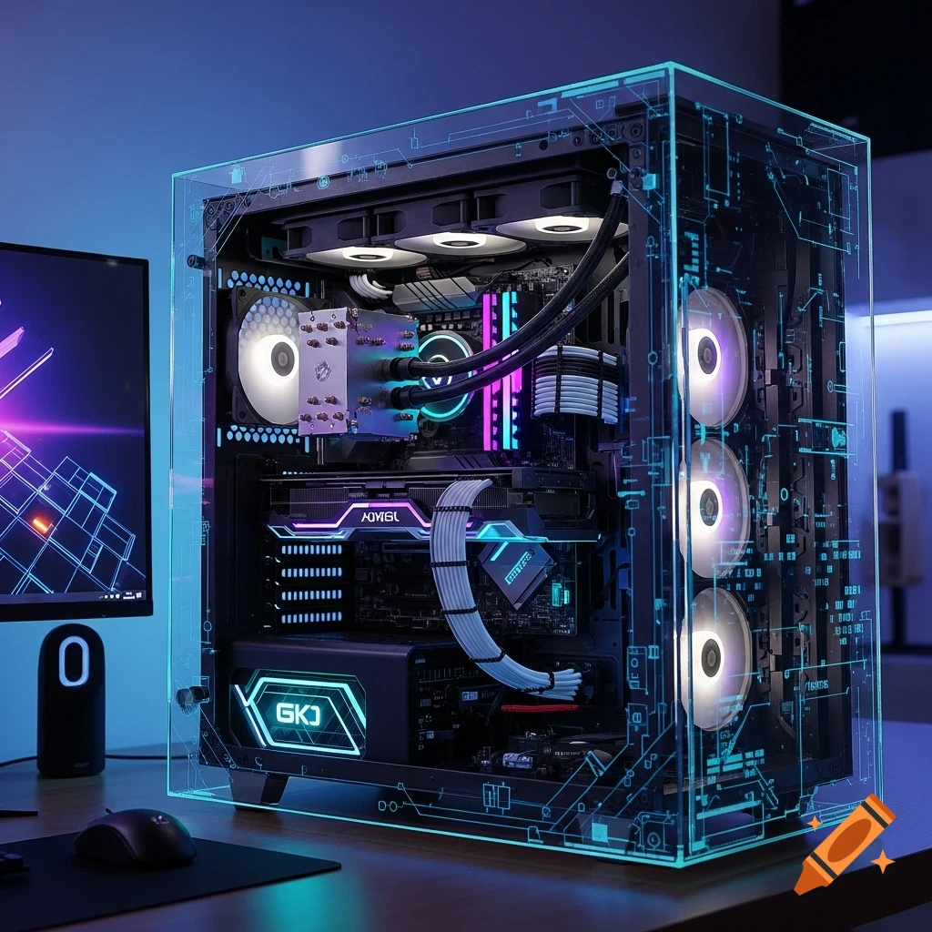 A modern gaming PC build with vibrant blue and purple RGB lighting, visible internal components, and an illuminated transparent case on a desk.