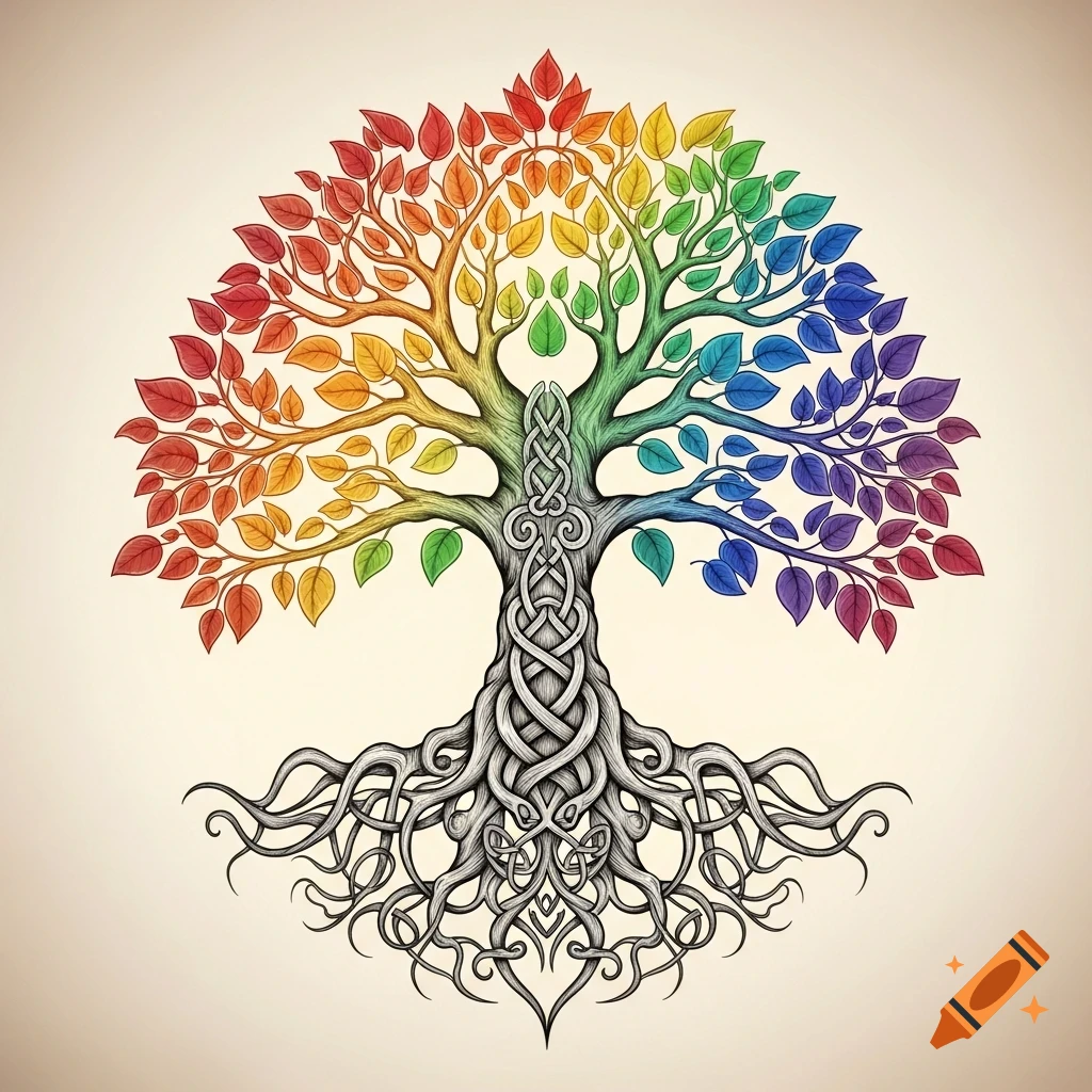 A vibrant tree of life with its leaves changing colors across the rainbow spectrum, featuring an intricate Celtic knotwork trunk and roots.