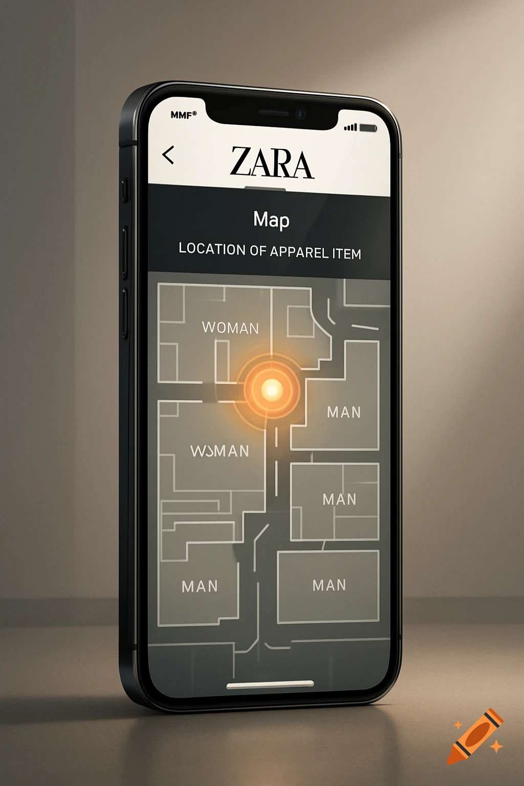 A smartphone displaying the Zara app with a store map showing sections like 'WOMAN' and 'MAN' and a glowing spot locating an item.