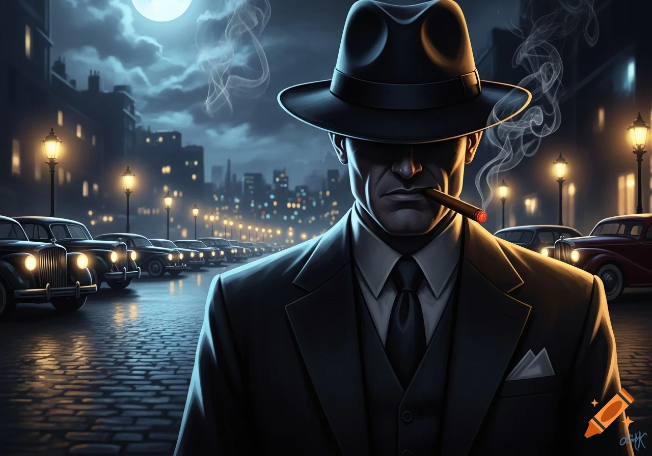 Stylized noir image of a man in a fedora smoking a cigar, standing on a rainy city street with vintage cars under a full moon.