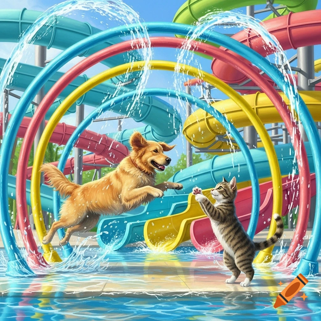 A golden retriever dog leaps over a tabby cat, playing in a splash of water at a colorful water park.