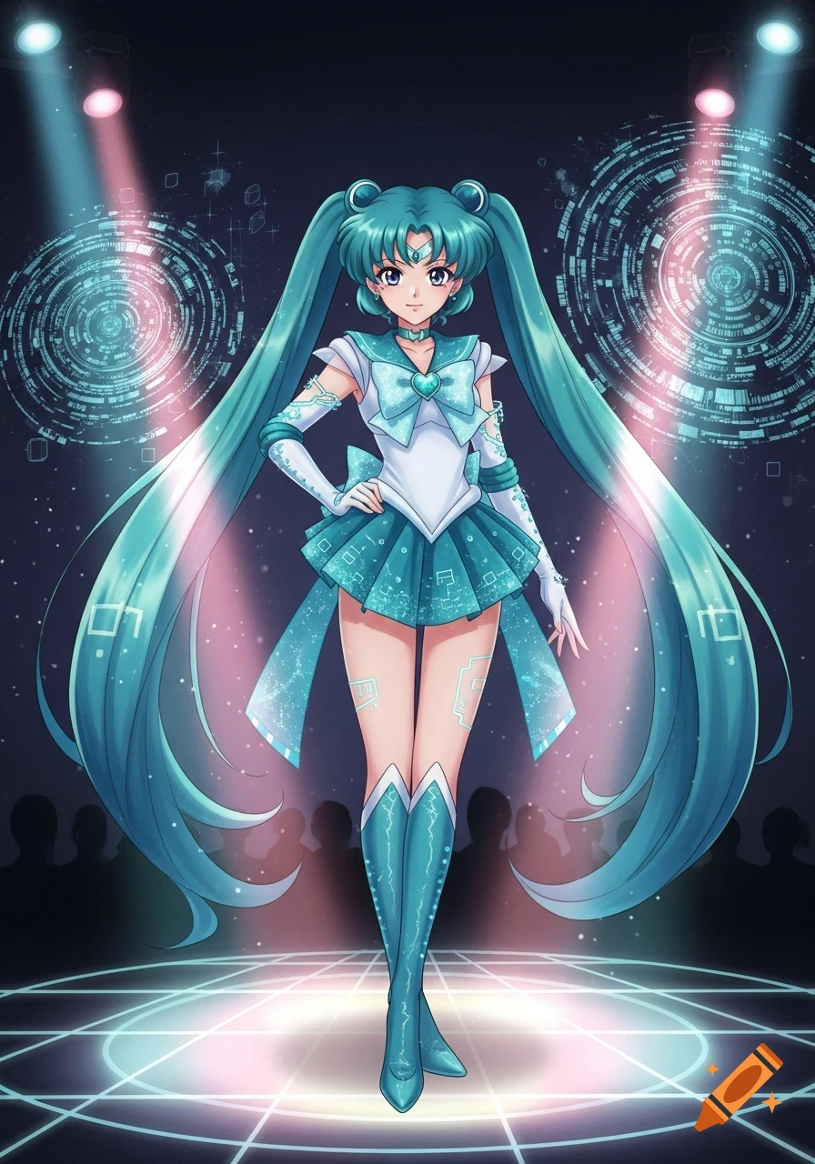 An anime magical girl with long teal pigtails, wearing a white and teal sailor-style outfit with digital patterns, stands on a stage with glowing tech elements and spotlights.