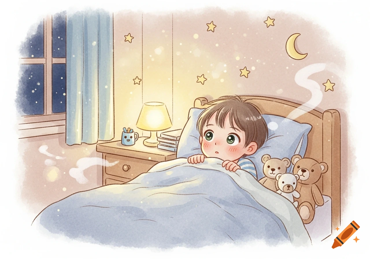 A young child lies in bed at night, looking nervous and excited, in a soft pastel watercolor illustration.