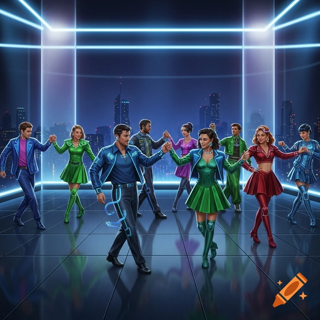 Eight people in glowing futuristic outfits dance on a reflective floor against a neon-lit city skyline.