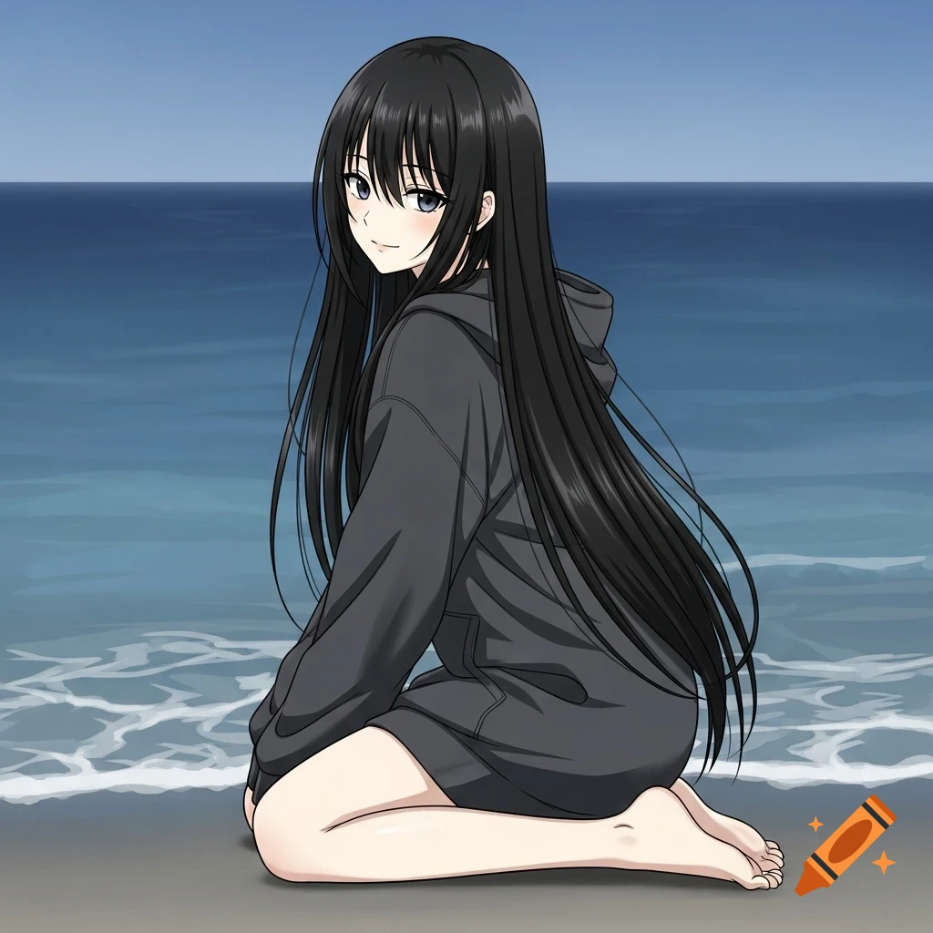 Anime girl with long black hair wearing a dark gray hoodie, sitting barefoot on a sandy beach with the ocean behind her.
