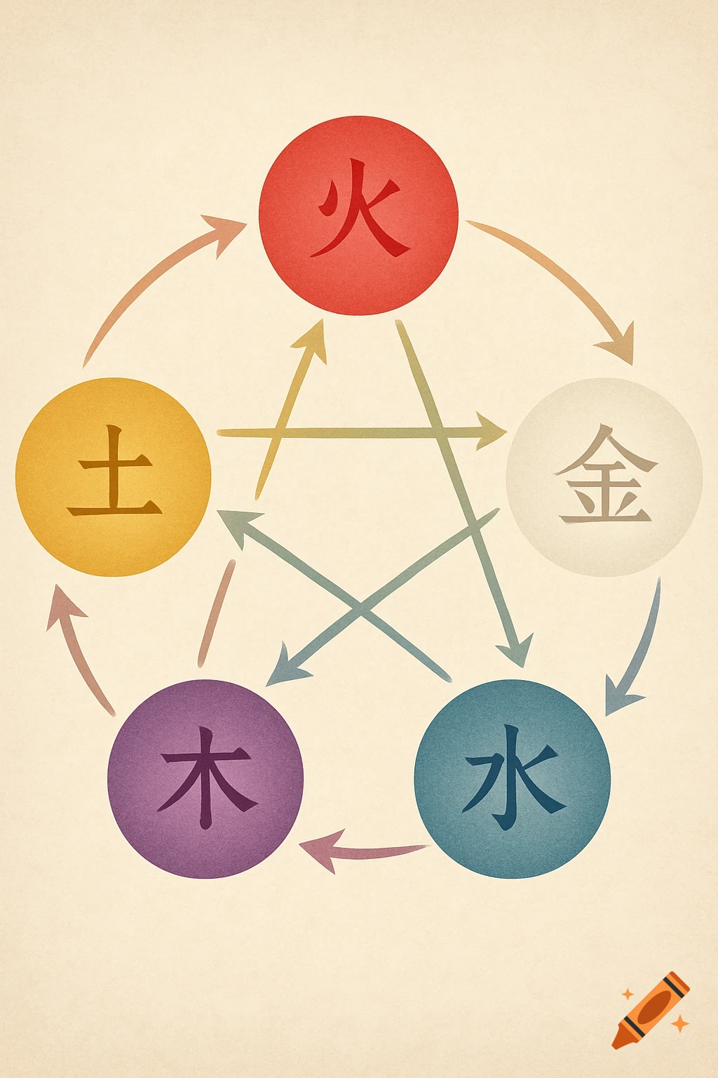 A stylized diagram of the Five Elements Cycles, with red 火, yellow 土, white 金, blue 水, and purple 木 circles connected by arrows.